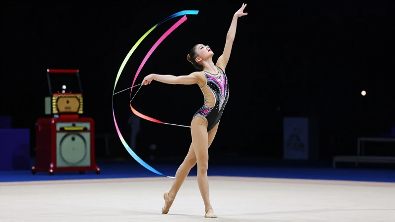 Gimnasta rítmica dinámica con cinta en arena elegante
