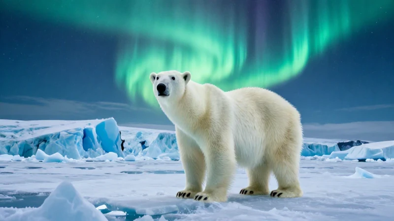 Glaciar azul, oso polar y aurora ártica