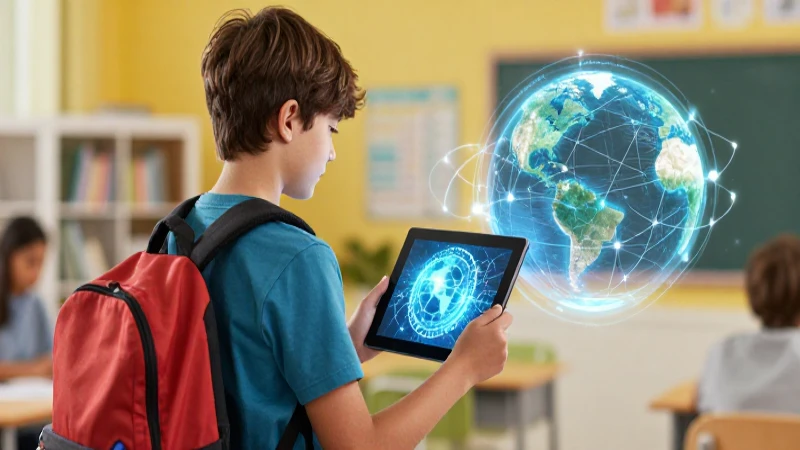 Global: Definición y concepto de fenómenos globales 5 Estudiante con tablet muestra red global en aula