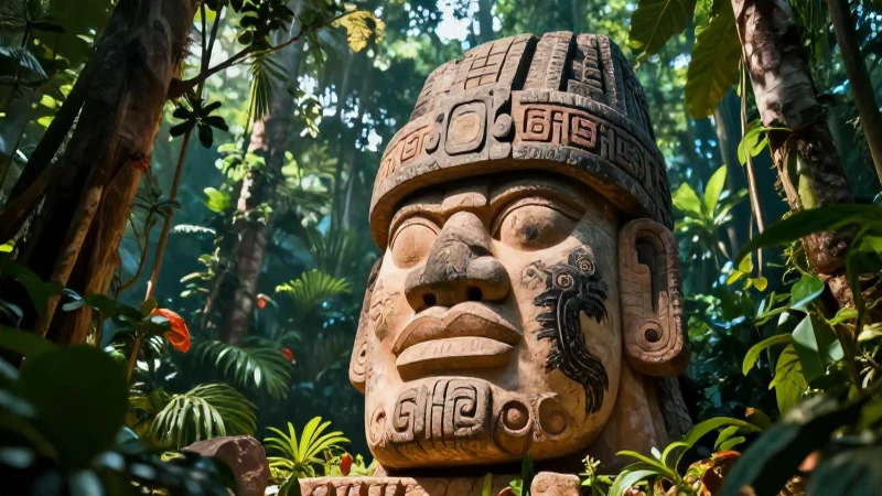 Cabezas olmecas monumentales en exuberante selva