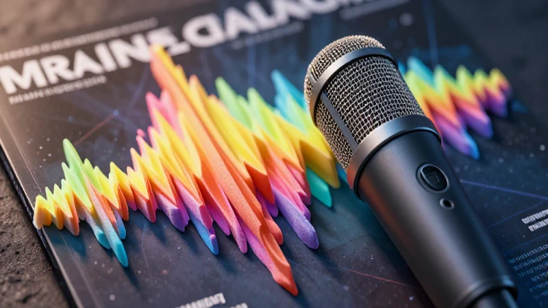 Micrófono de podcast vibrante con estética editorial