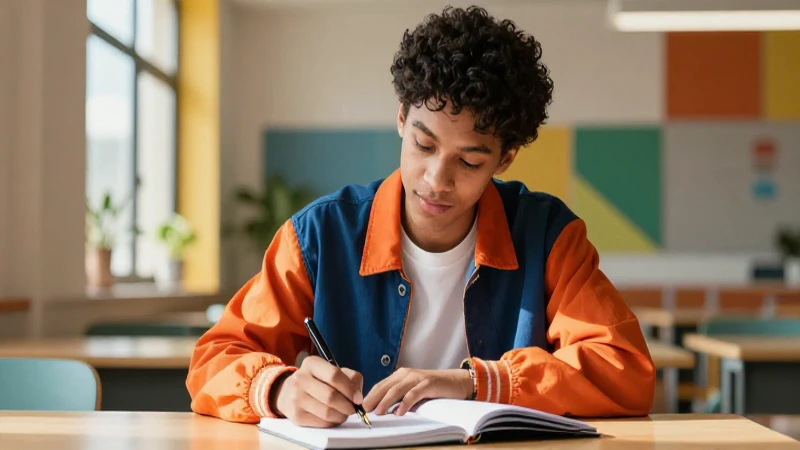 Estudiante carismático escribe con enfoque moderno