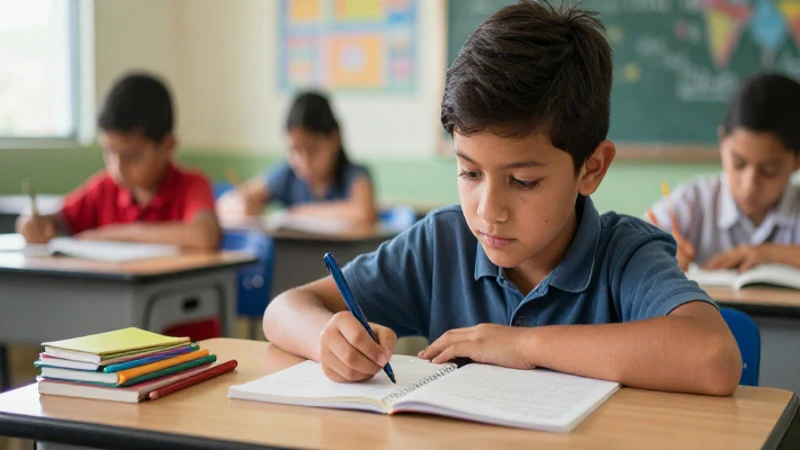 Estudiante enfocado en aula mexicana brillante
