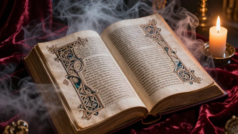 Manuscrito gótico ornamentado, iluminación dramática y atmósfera etérea