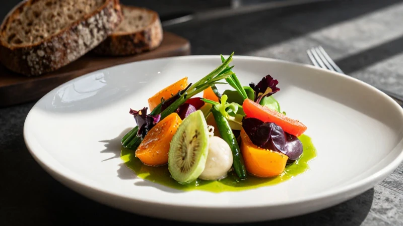 Comida gourmet orgánica con presentación artística y estilo hiperrealista