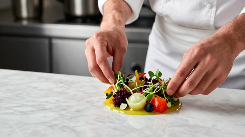 Chef decora plato gourmet sobre mármol blanco