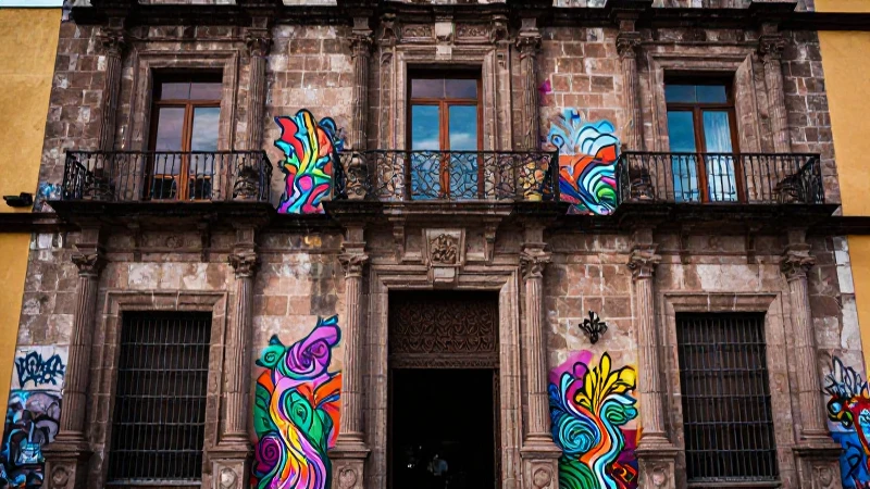 Graffiti: Concepto, historia y tipos de grafitis Impresionantes 8 Fachada mexicana histórica vibrante con graffiti moderno