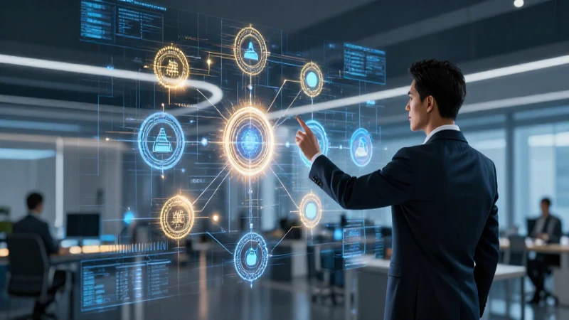 Estratega profesional interactúa con diagrama holográfico