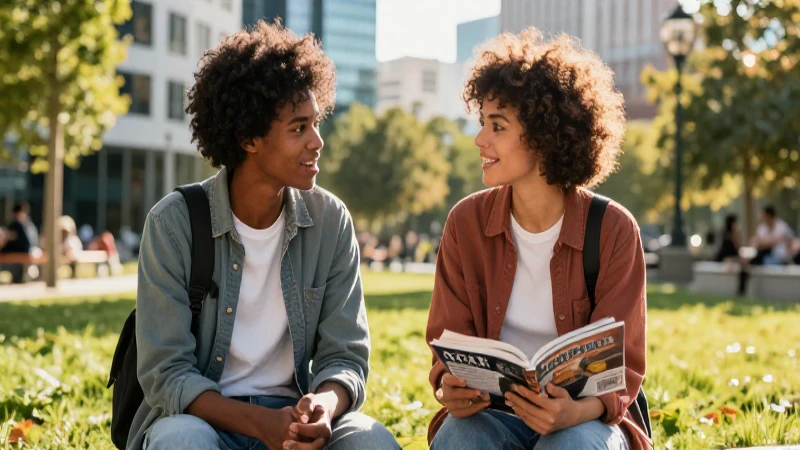 Jóvenes dialogan en un parque vibrante