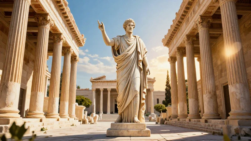Griegos: Origen, Gobierno, Arte y Características de Grecia 3 Agorá griega majestuosa bajo luz dorada