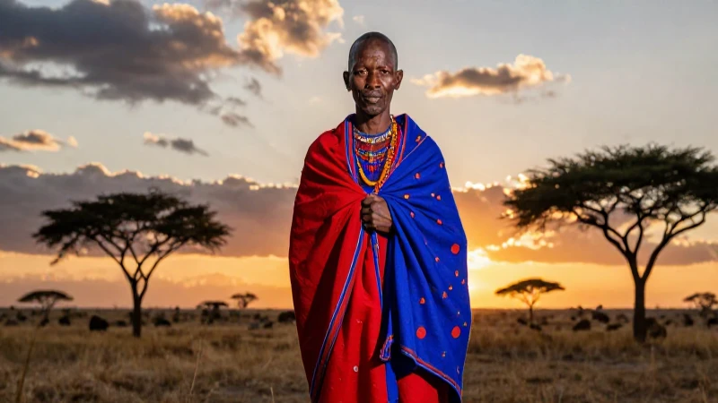 Guerrero maasai imponente en el atardecer africano