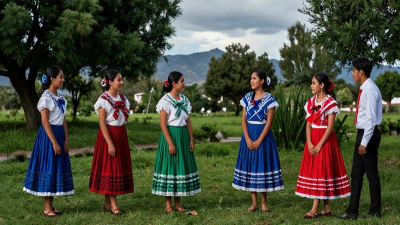 Estudiantes mexicanos vibrantes en un paisaje cultural