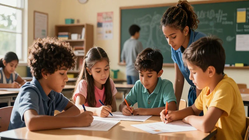 Niños colaboran con entusiasmo en un aula moderna y luminosa