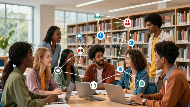 Estudiantes colaboran en red en una biblioteca moderna