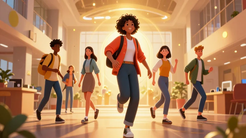Grupo joven vibrante en un centro educativo moderno