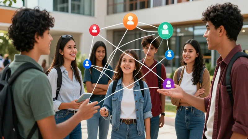 Estudiantes mexicanos dinámicos interactúan en entorno educativo moderno