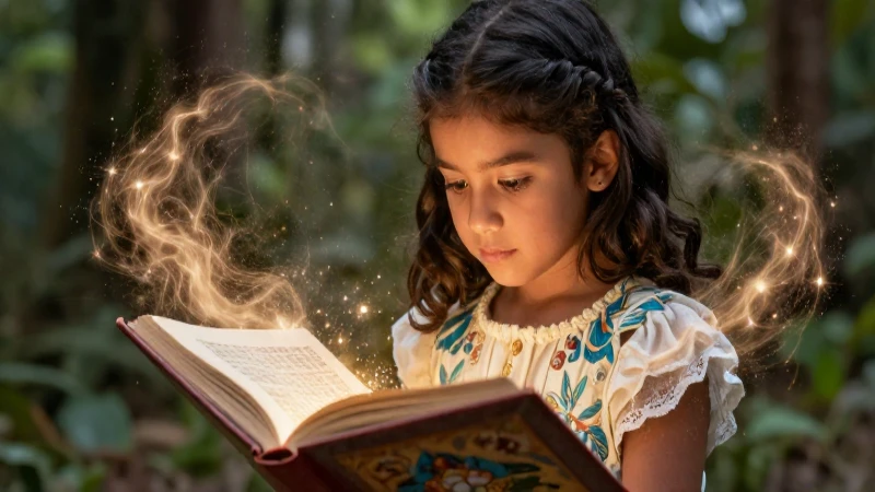 Guapa: Cuento de la Bruja en PDF para Niños Bonitos 8 Niño lee cuento mágico con destellos vibrantes