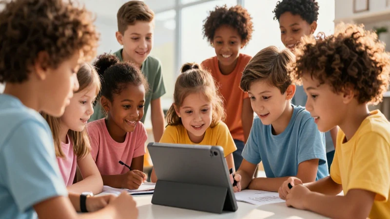 Niños aprendiendo en comunidad con tablet moderna y luz dorada