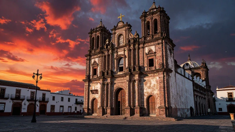 Plaza mexicana del siglo XIX con un monumento dramático