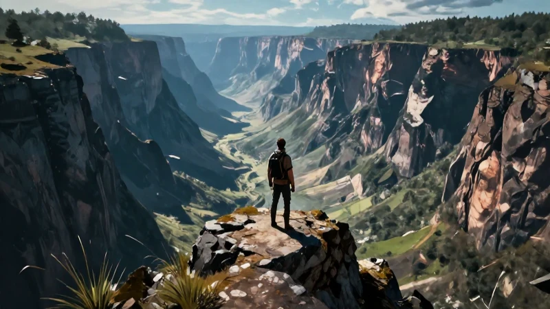 Figura resoluta en vasto paisaje dramático
