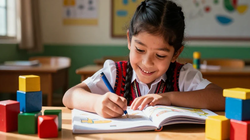 Niño sonriente trabaja concentrado con colores vibrantes