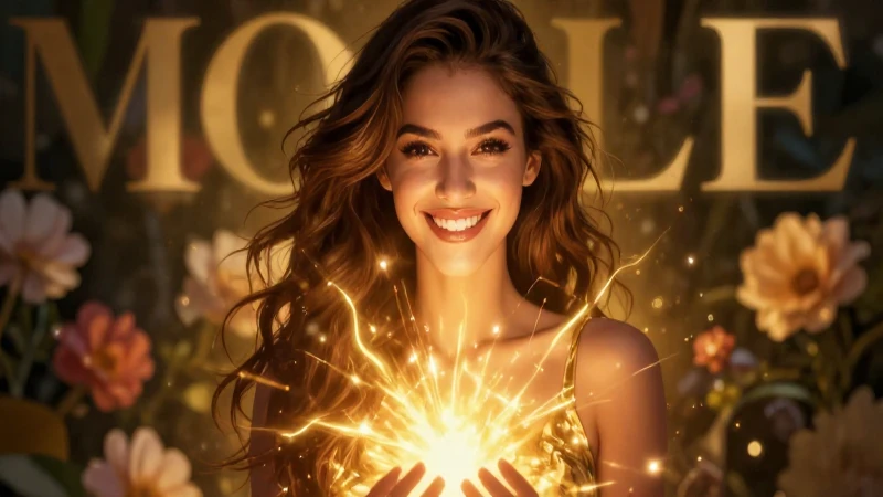 Mujer radiante en luz dorada, portada editorial