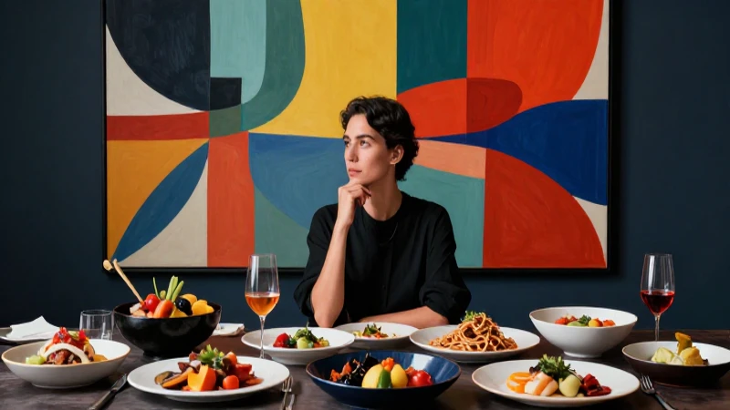 Gula: Significado y Concepto en el Arte Contemporáneo 8 Sofisticada mujer contempla cena y arte vibrante