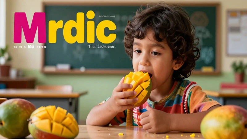 Gusto: Comprendiendo el Sentido del Gusto y su Importancia 9 Niño prueba mango vibrante en aula mexicana