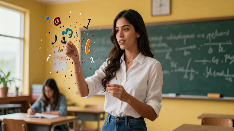 Educadora mexicana con símbolos lingüísticos abstractos