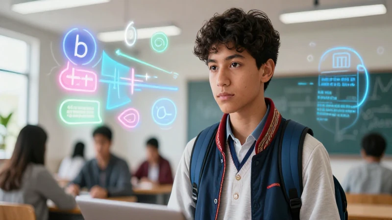 Joven estudiante domina el idioma con simbolismo vibrante