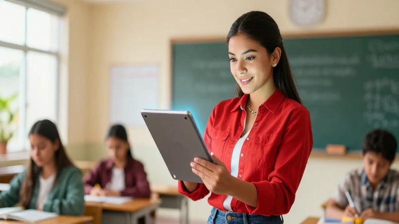 Domina las habilidades digitales clave en la nueva escuela mexicana 4 Maestro mexicano digital en aula moderna y vibrante