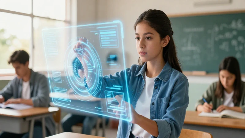 Domina las habilidades digitales clave en la nueva escuela mexicana 3 Joven mexicano interactúa con interfaz futurista en clase moderna