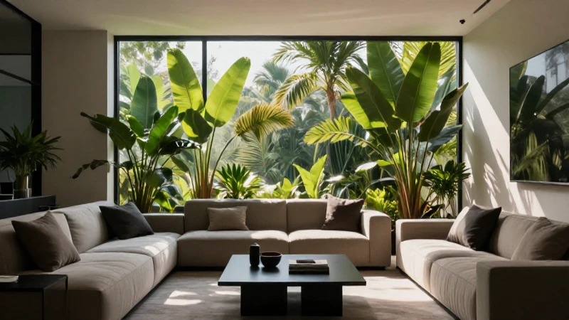 Sala moderna con luz y vegetación tropical
