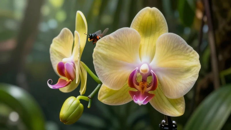 Orquídea detallada con insecto en macro
