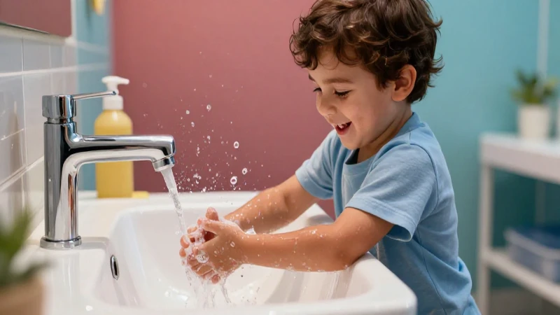 Niño feliz lavándose manos en baño moderno