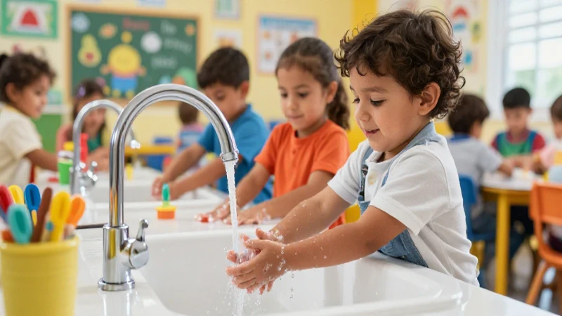 Niños lavando manos en clase con alegría