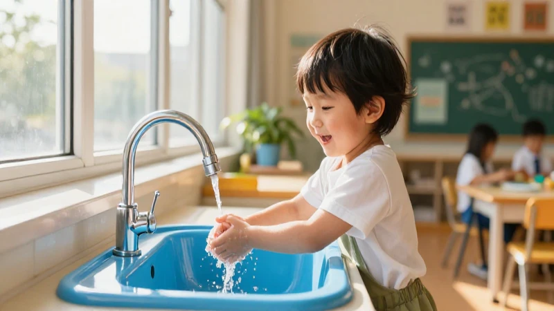 Niño feliz lavándose las manos bajo luz cálida