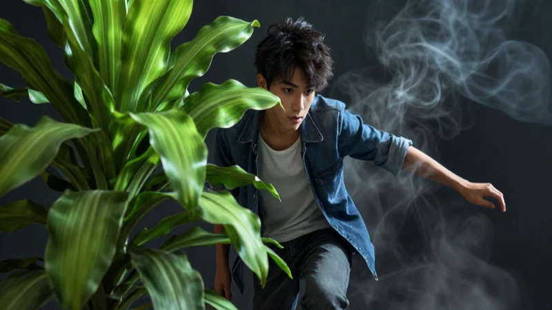 Estudiante dinámico contrasta con humo en un estilo moderno