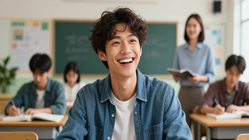 Estudiante sonriente en aula moderna y dinámica