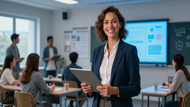 Profesora sonriente en aula moderna y brillante