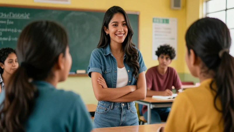 Educadora mexicana sonriente motiva a estudiantes en clase vibrante