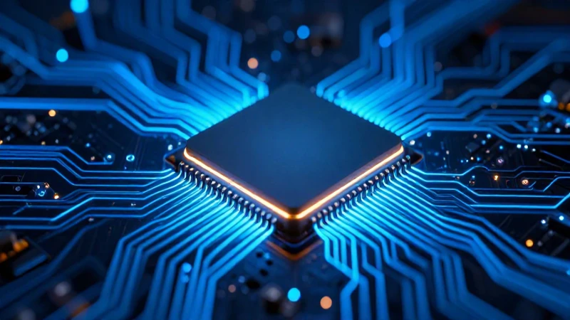 Microchip futurista con circuitos vibrantes y luces azules