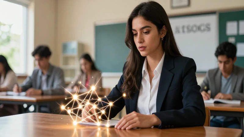 Mujer joven enfocada en entorno educativo moderno