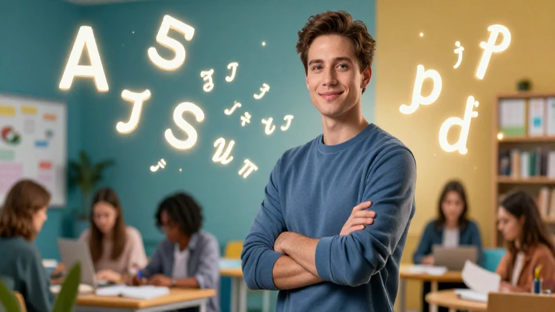 Educador moderno y atractivo con símbolos brillantes