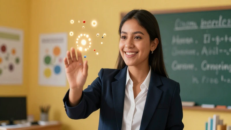 Joven maestra mexicana interactúa con partículas abstractas