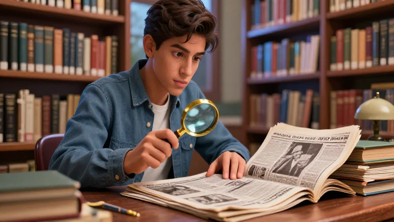 Hemerotecas: Definición, Clasificación y Concepto Esencial 3 Estudiante mexicano investigando archivos históricos ultra detallado