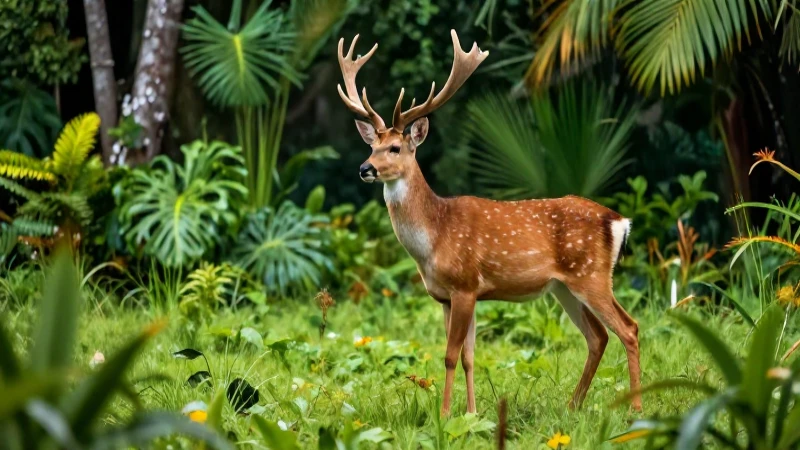 Ciervo majestuoso en un prado tropical vibrante