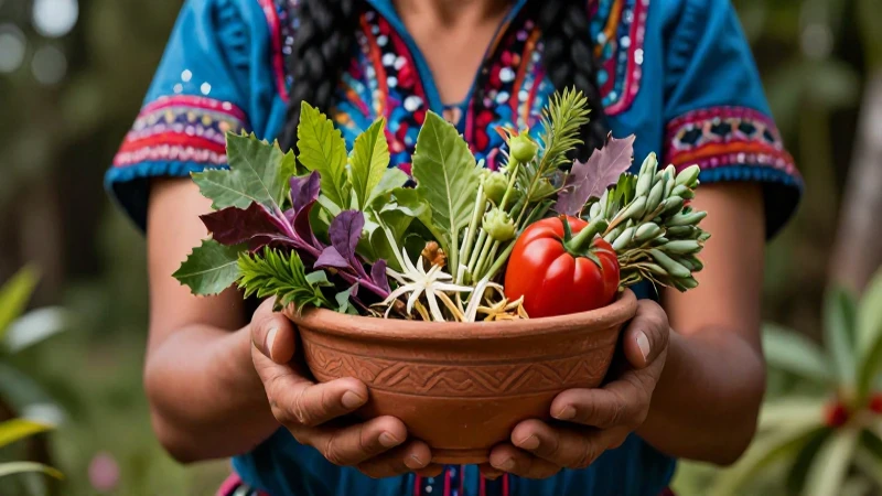 Mujer maya sostiene hierbas medicinales en una cubierta de revista