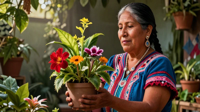 Mujer mexicana con plantas medicinales vibrantes