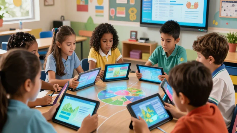 Herramientas TIC: Clave para una Escuela Innovadora 4 Estudiantes colaboran en clase moderna tecnológica